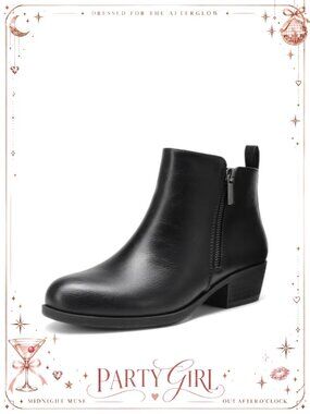 Women's Low Chunky Heel Ankle Boots Faux Leather Side Zipper Booties